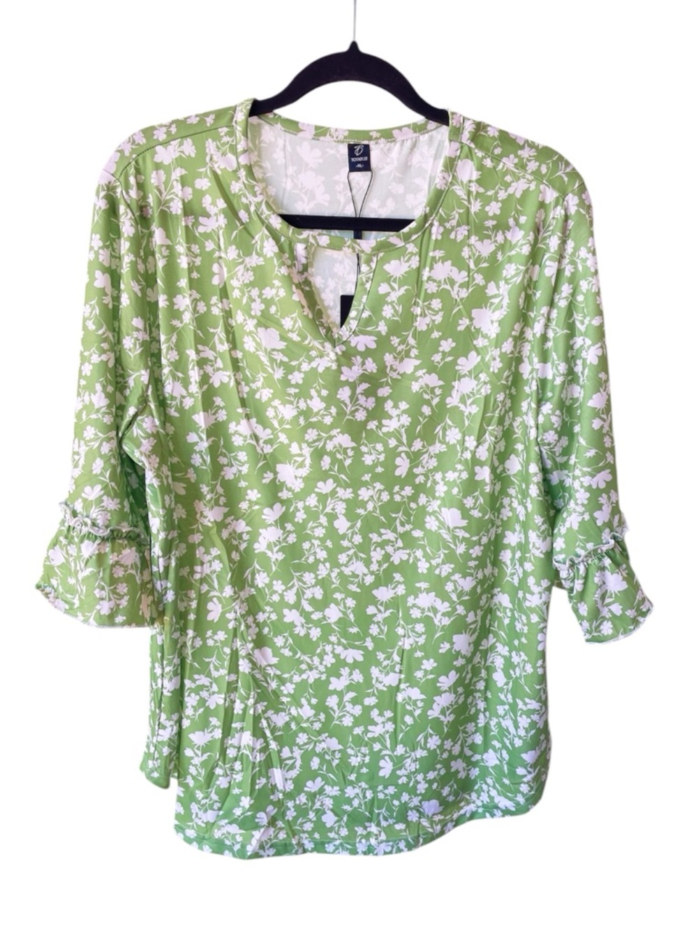 TOTATUIT Green Floral Ruffle 3/4 Length Sleeve Keyhole Tunic Top XL - Picture 2 of 7